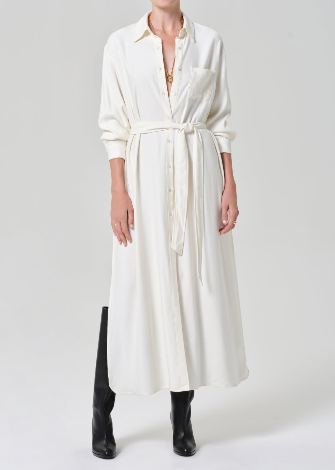 ankle length shirt dress Linen Three Quarter Sleeve Maxi Shirt Dress - Airy Blue