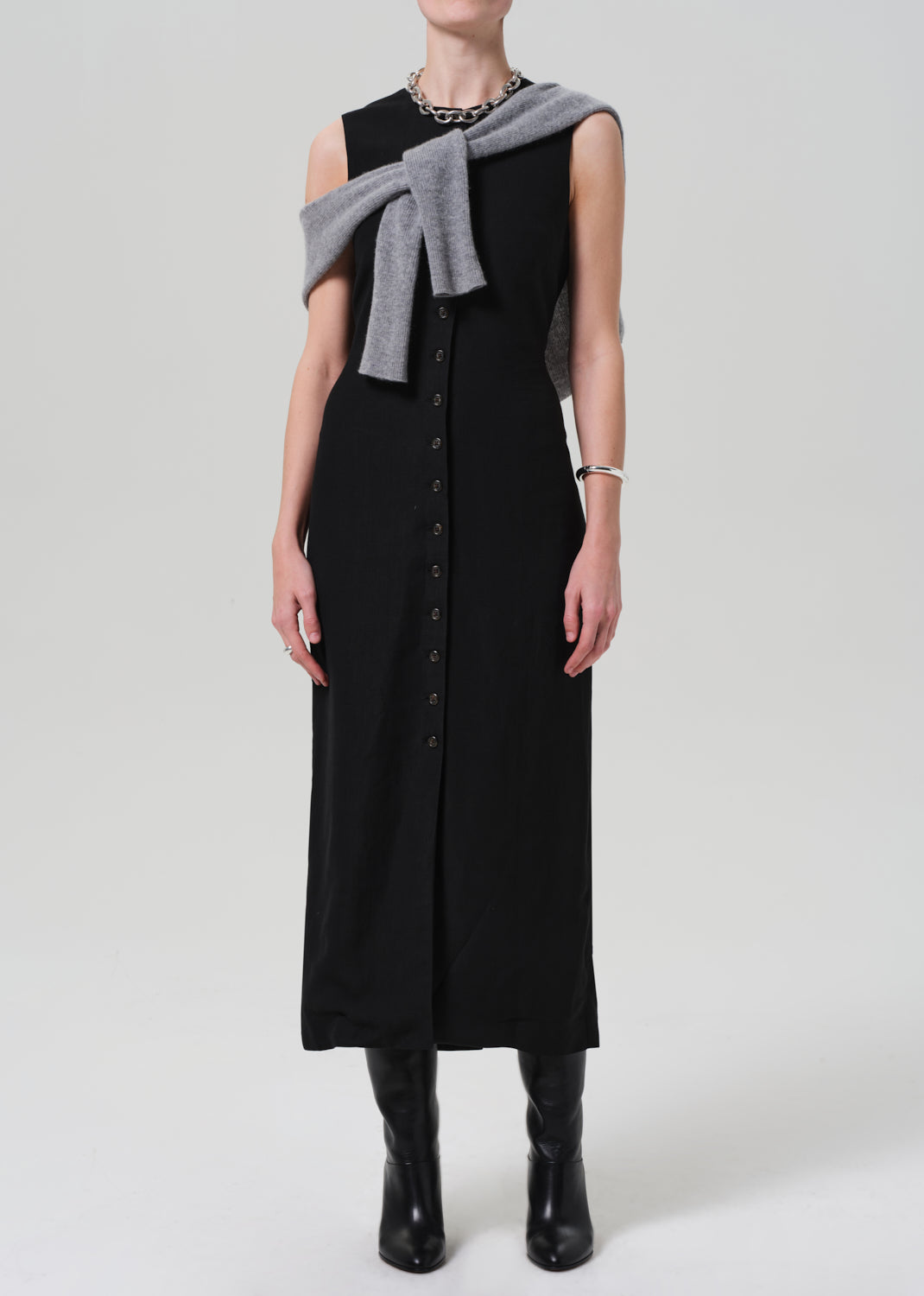 Button Dress in Viscose Linen Twill | Women's Dresses | Argent 0 / Black Button Dress in Viscose Linen Twill | Women's Dresses | Argent 0 / Black