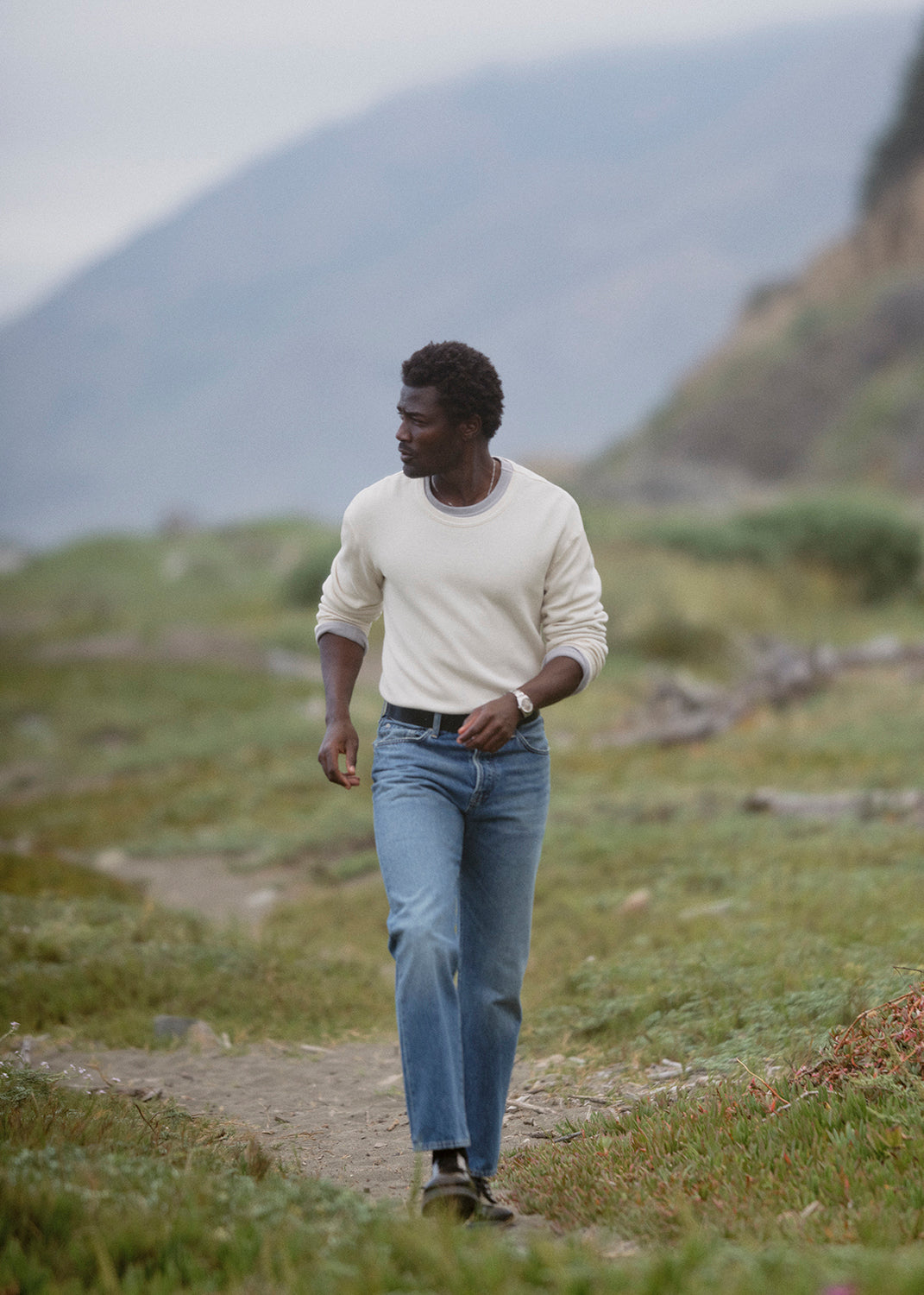 A man wearing Beau in Mid Blue, Waffle Crewneck in Plaster and Stone Grey 