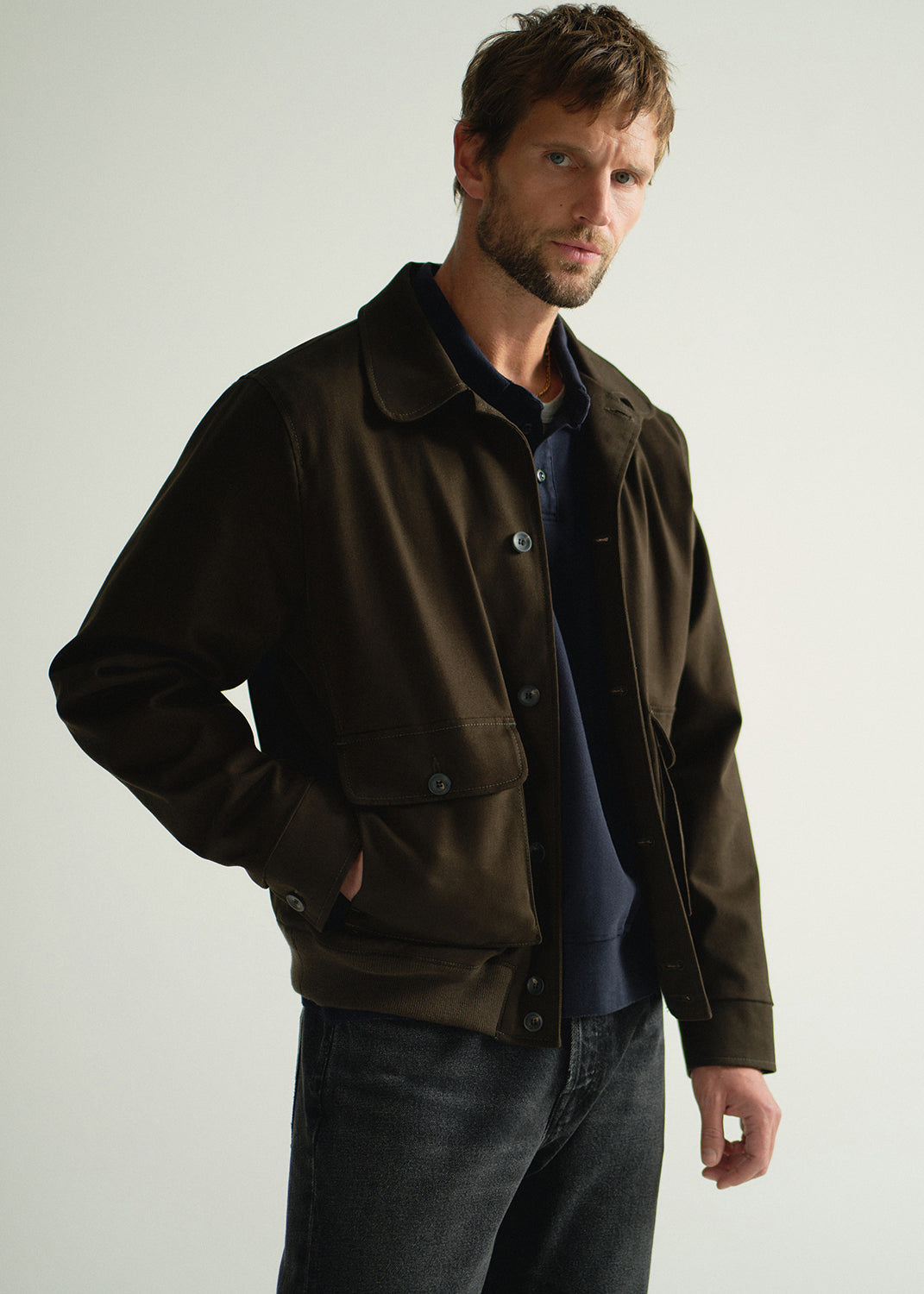 BEAU_WASHED_ONYX_UTILITY_JACKET_DARK_OLIVE_RUGBY_POLO_NAVY_EVERYDAY_TEE_HEATHER_GREY