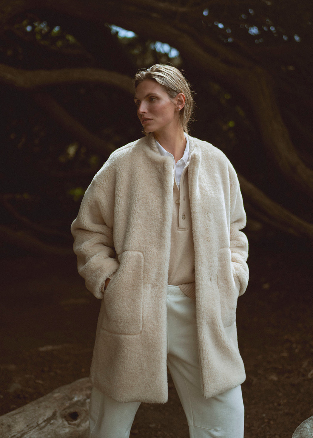 MIRO SWEATPANT IN PASHMINA AND MARTINA LONG SHERPA COAT IN COZY AND AGATHA RUGBY IN PILLOW