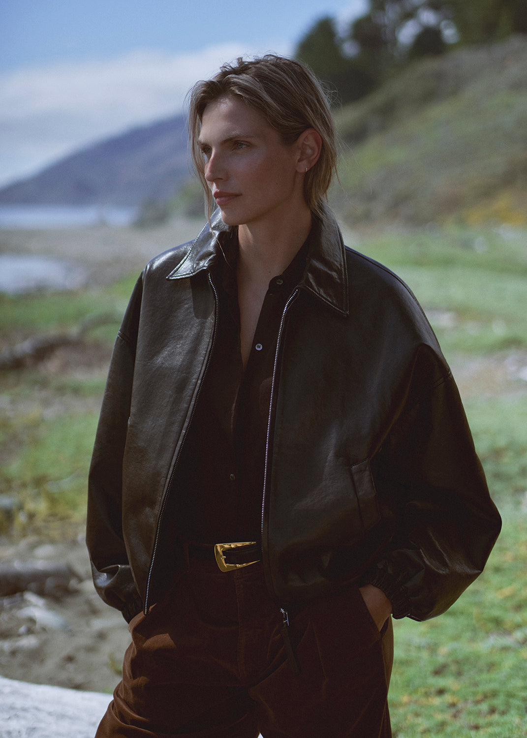 COCOON CULOTTE CORDUROY IN MANUKA AND BARRACUTA BUBBLE JACKET IN CHOCOLATE AND KAYLA SHIRT IN BROWN