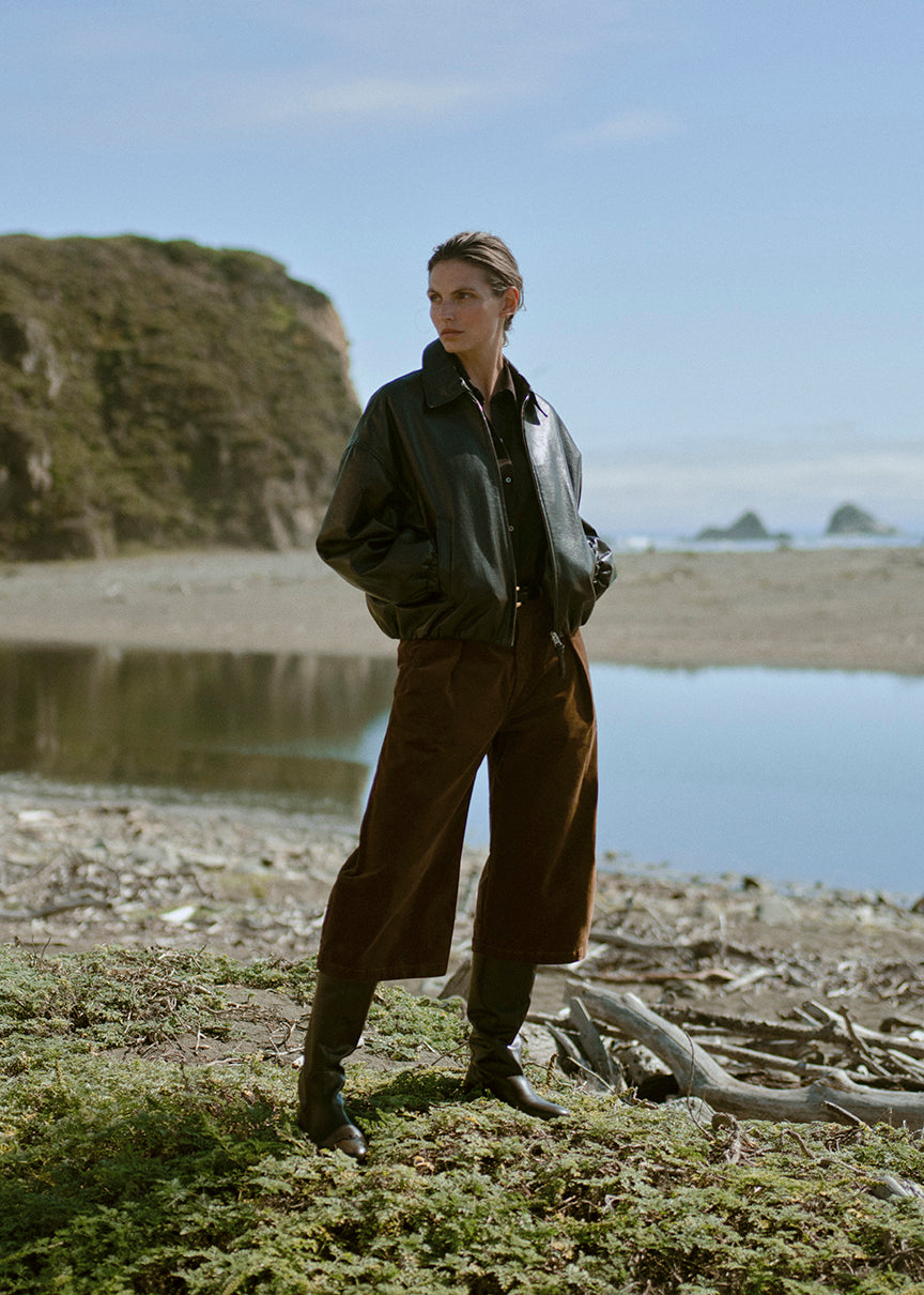 COCOON CULOTTE CORDUROY IN MANUKA AND BARRACUTA BUBBLE JACKET IN CHOCOLATE AND KAYLA SHIRT IN BROWN