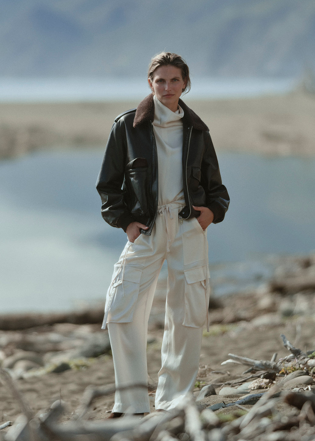 ANDIRA PULL ON IN CREAM AND VINTAGE BOMBER JACKET IN CHOCOLATE AND ILARIA DRAPED TOP IN CREAM