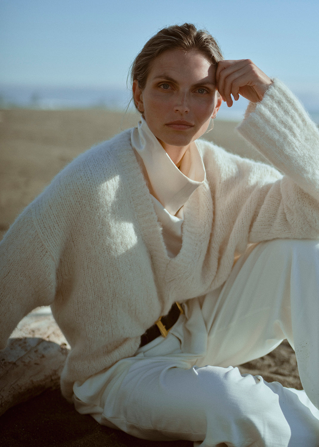 INES TROUSER IN WINTER WHITE AND CASSIDY BOUCLE PULLOVER IN CREAM AND ILARIA DRAPED TOP IN CREAM