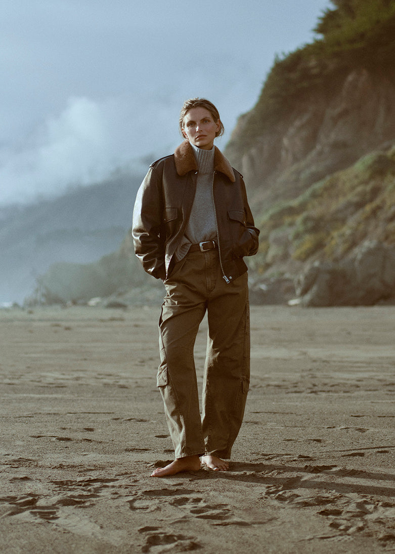 FLIGHT PANT IN TEA LEAF AND VINTAGE BOMBER JACKET IN CHOCOLATE AND SCOUT TURTLENECK SWEATER IN HEATHER GREY