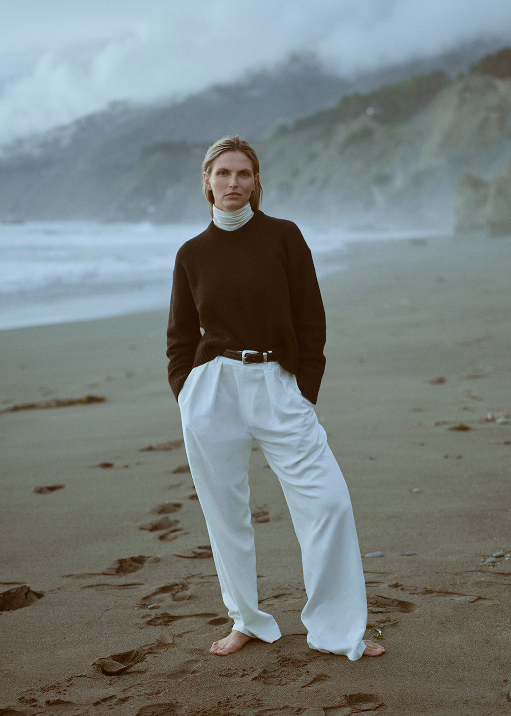 INES TROUSER IN WINTER WHITE AND FRESHMAN CREWNECK IN BLACK AND  CARADENE TURTLENECK IN PASHMINA