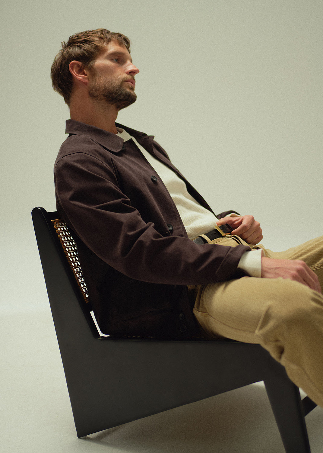 BELGIAN_CHINO_TAN_UTILITY_JACKET_BROWN_WAFFLE_CREWNECK_PLASTER_EVERYDAY_TEE_WHITE