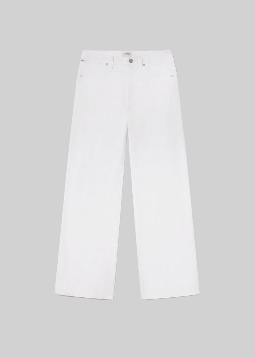 White wide leg jeans with a classic five-pocket design, belt loops, and button and zipper closure, front flat lay view on a grey background.