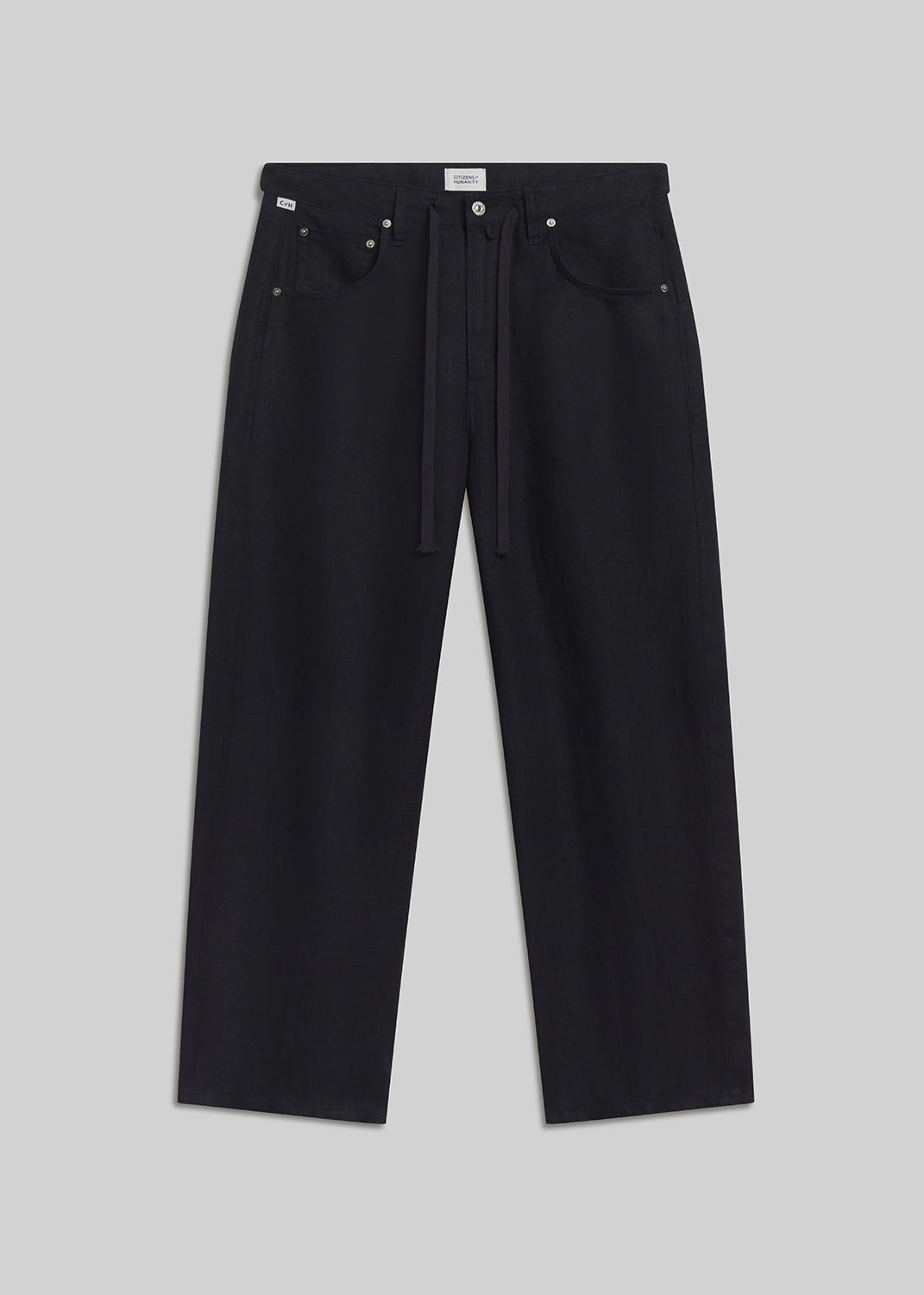 True navy drawstring wide-leg pants on grey background