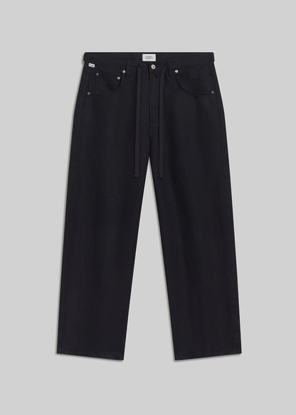 True navy drawstring wide-leg pants on grey background