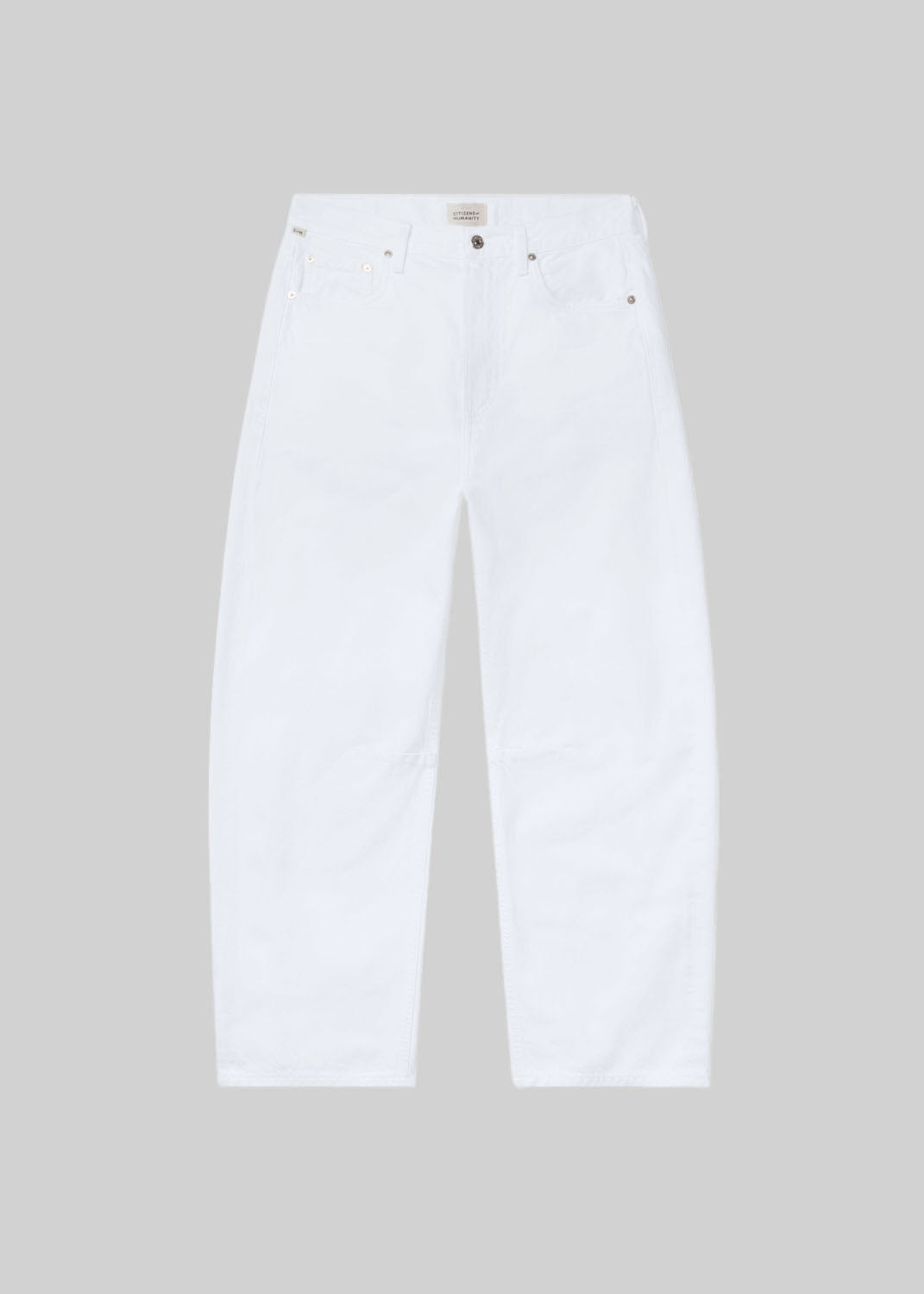 White barrel leg jeans with a relaxed silhouette, tapered leg, classic five-pocket design, belt loops, and button and zipper closure, front flat lay view on a grey background.