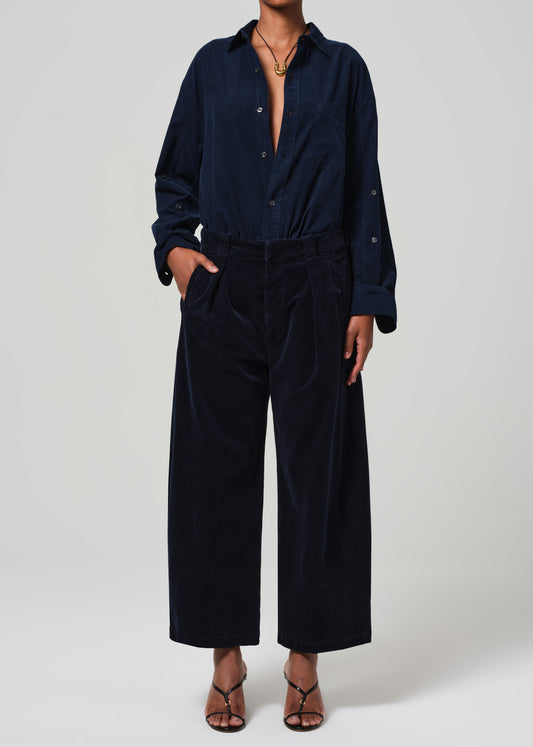 Cara Cropped Pleated Trouser Corduroy in Navy front