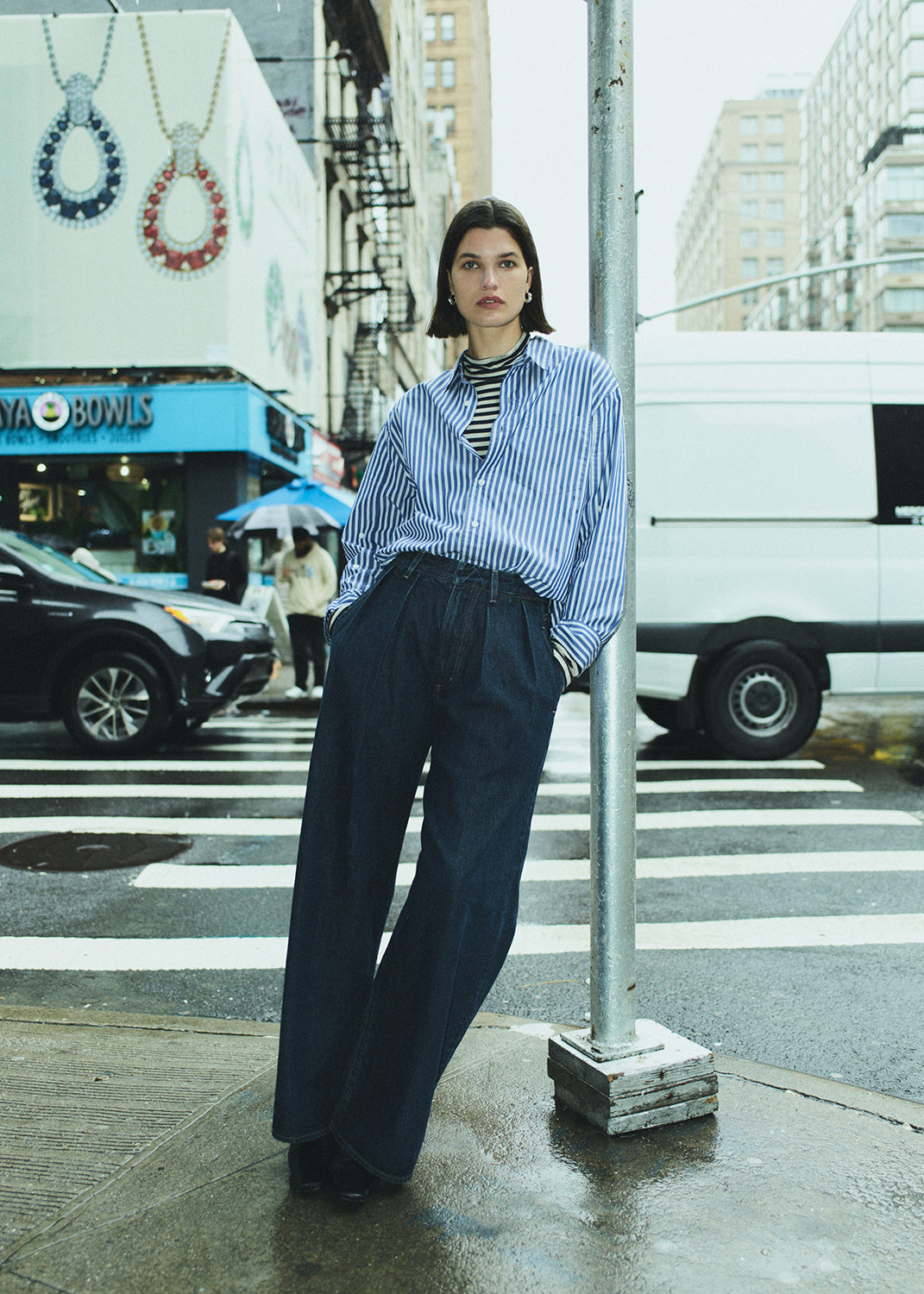 Petra Pleated Trouser in Eden styled on model 