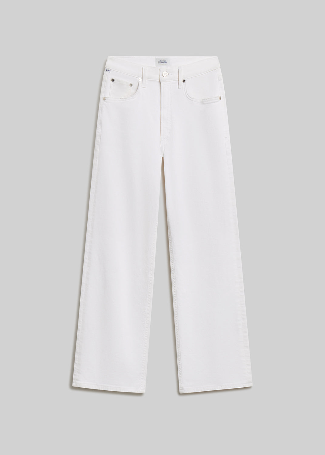 Soft white wide-leg jeans on grey background