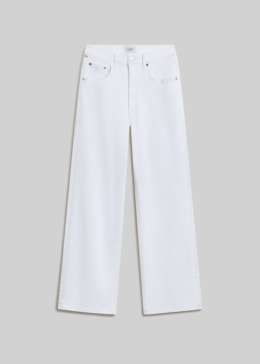 White straight-leg jeans with a classic five-pocket design, belt loops, button and zipper closure, and a clean finish, front flat lay view on a grey background.