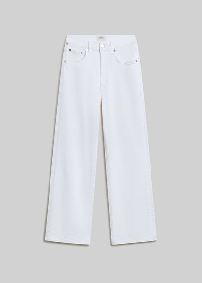 White straight-leg jeans with a classic five-pocket design, belt loops, button and zipper closure, and a clean finish, front flat lay view on a grey background.