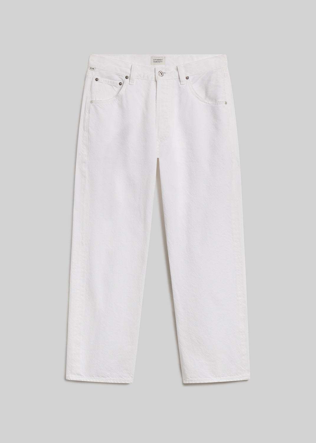 White cropped straight-leg jeans on grey background