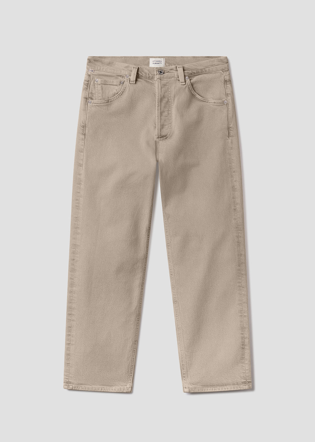 Beige straight-leg jeans with a relaxed fit, classic five-pocket design, belt loops, button and zipper closure, and a clean finish, front flat lay view on a grey background.