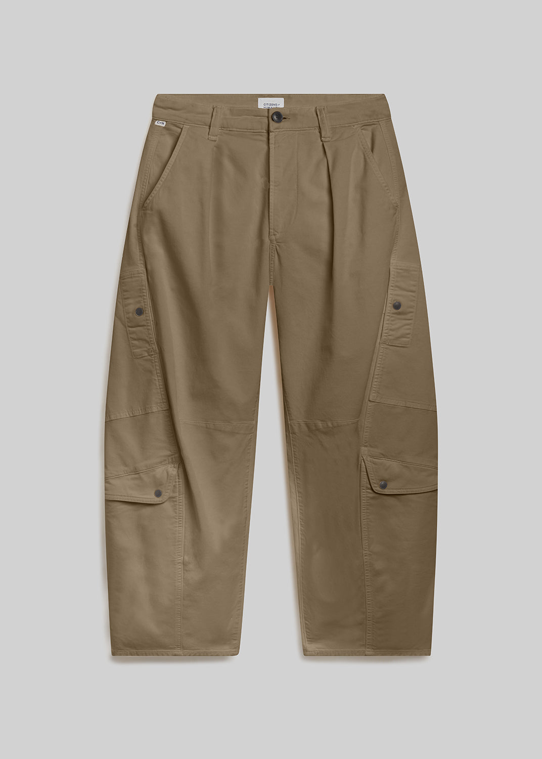Olive green cargo pants on grey background