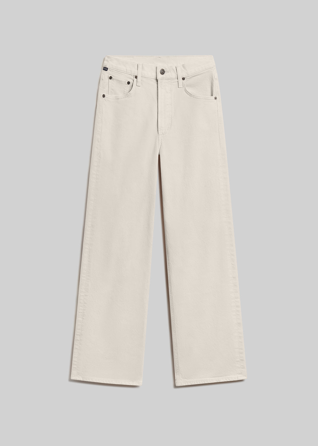 Off-white straight-leg denim jeans with a five-pocket design, belt loops, and button and zipper closure, front flat lay view on a grey background.
