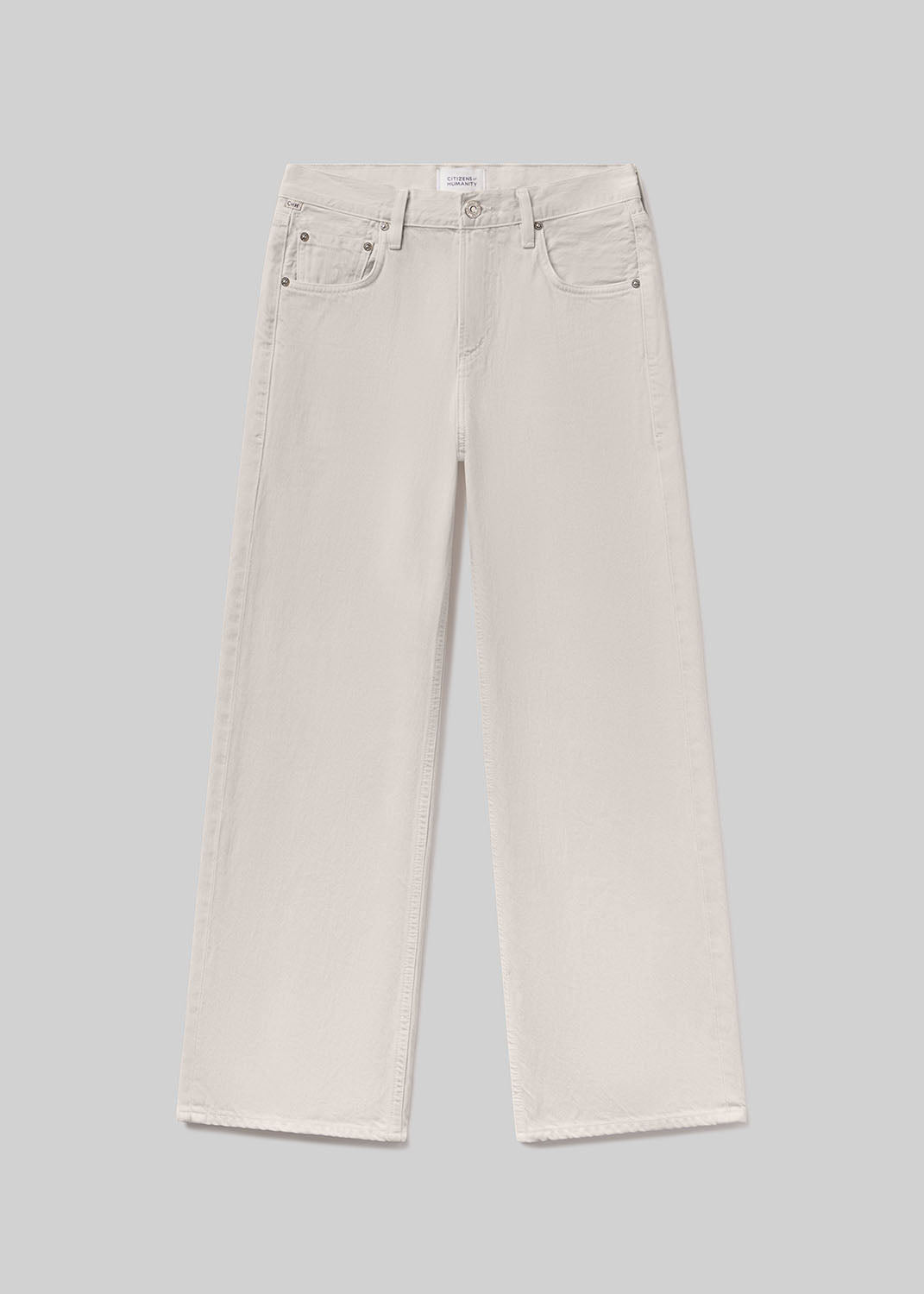 Off-white wide-leg denim jeans with a five-pocket design, belt loops, and button and zipper closure, front flat lay view on a grey background