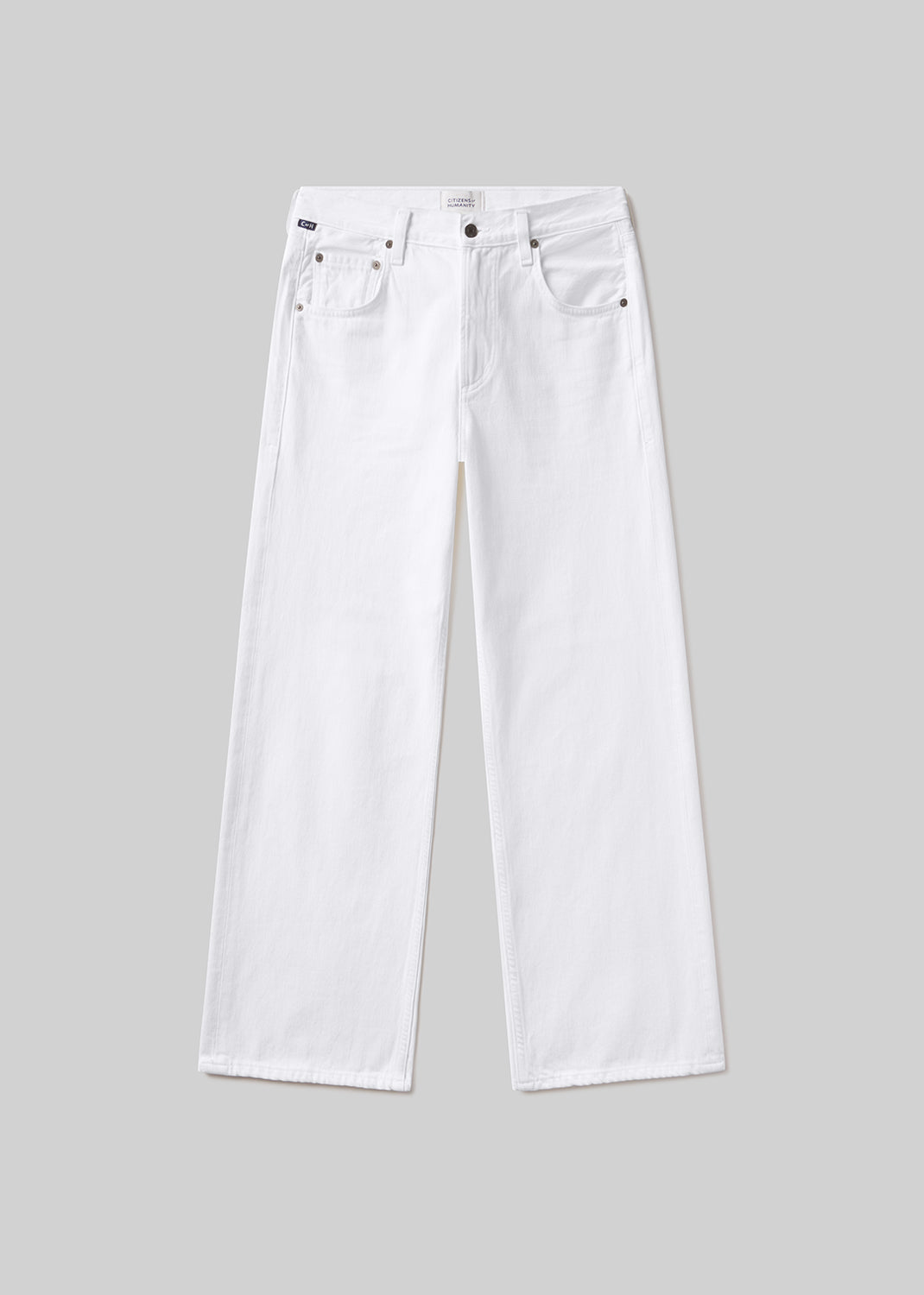 White wide-leg denim jeans with a five-pocket design, belt loops, and button and zipper closure, front flat lay view on a grey background.