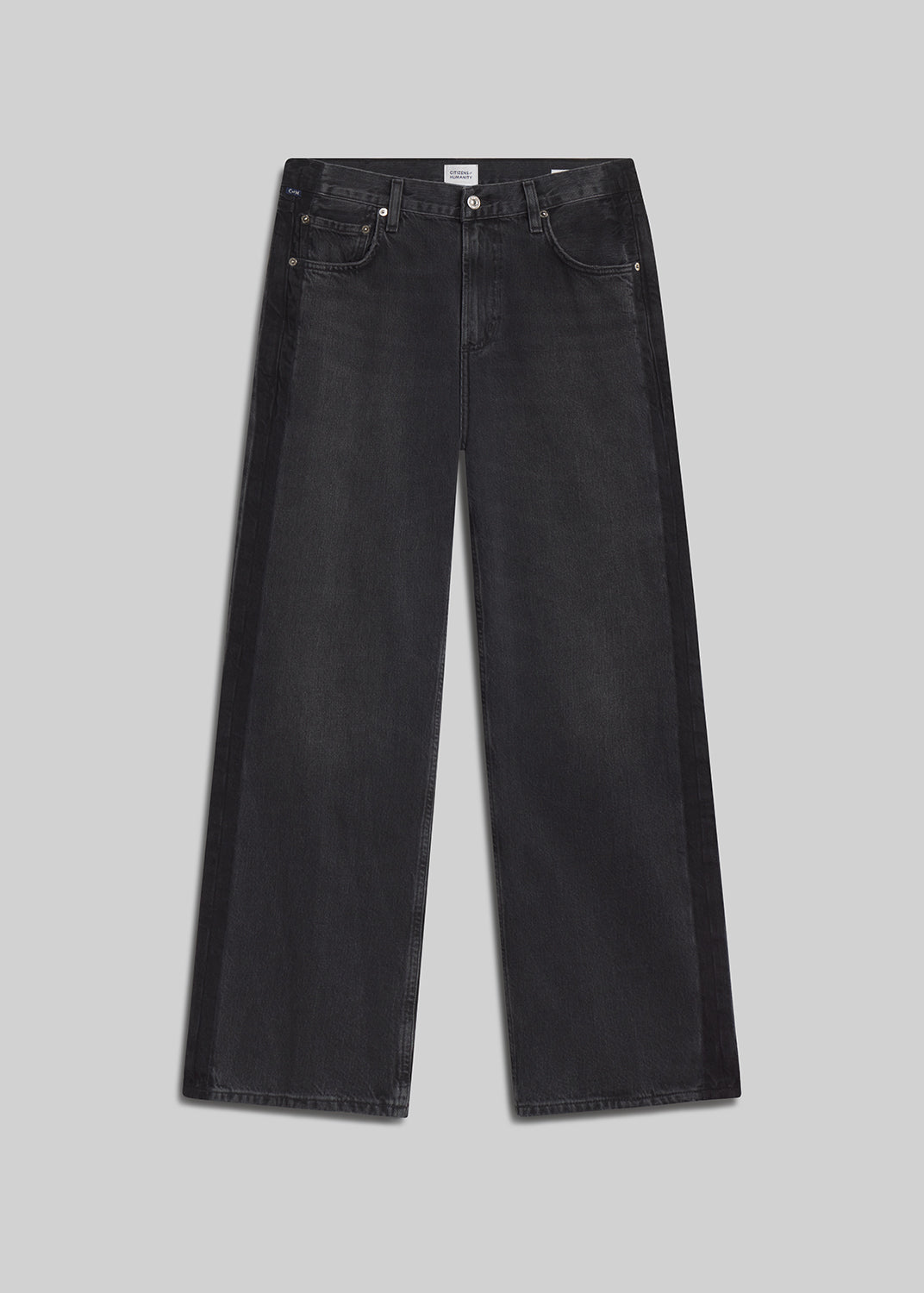 Black tuxedo-stripe wide-leg jeans on grey background