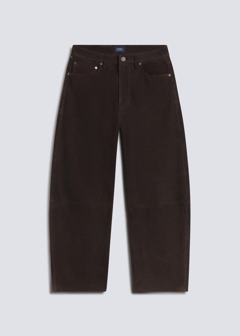 Miro Suede in Chocolate, featuring rich dark brown suede, a relaxed barrel leg silhouette, five-pocket design, and subtle seam detailing, front view on a grey background.