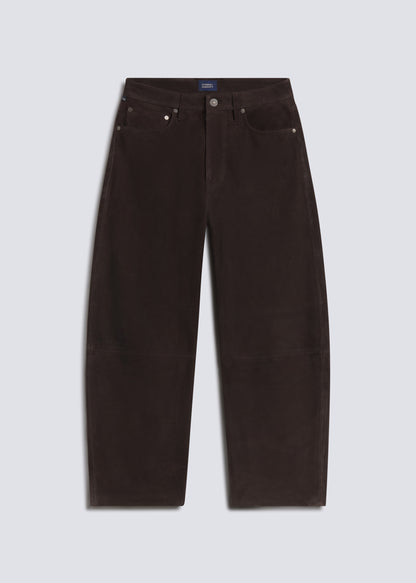 Miro Suede in Chocolate, featuring rich dark brown suede, a relaxed barrel leg silhouette, five-pocket design, and subtle seam detailing, front view on a grey background.