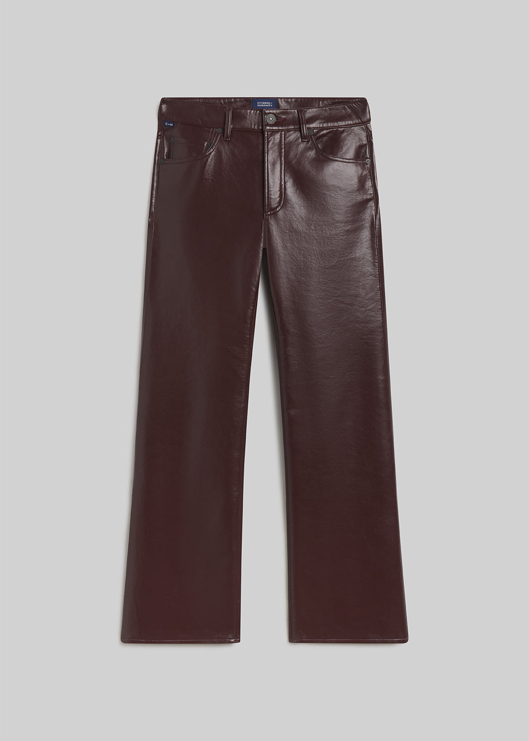 Burgundy leather straight-leg pants on grey background