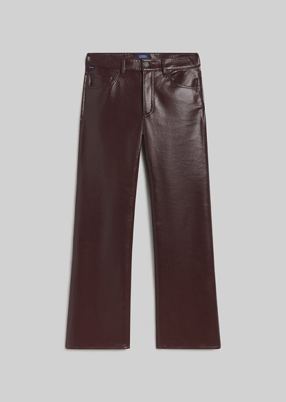 Burgundy leather straight-leg pants on grey background