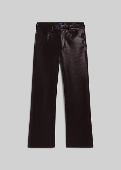 Chocolate brown leather bootcut pants on grey background