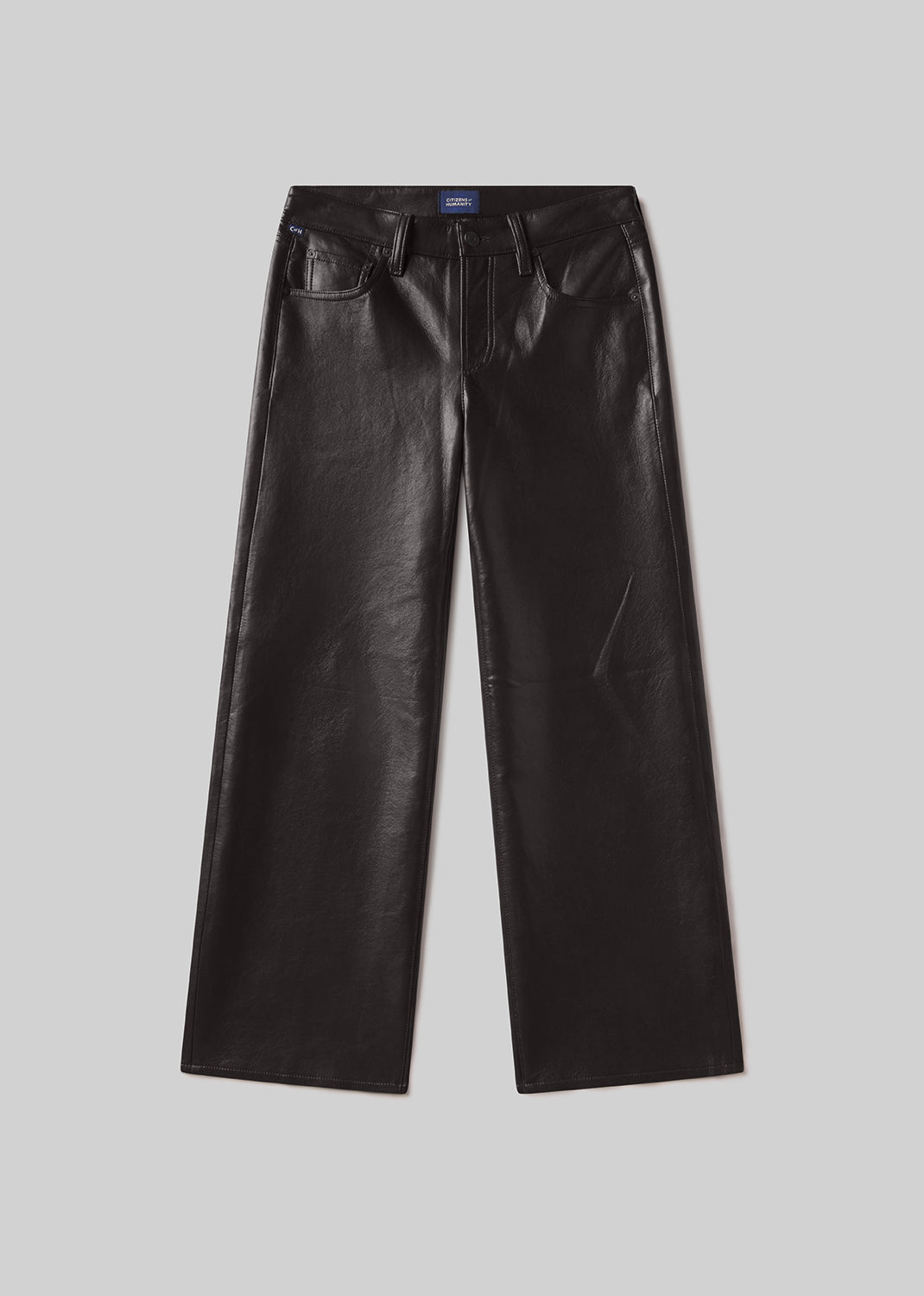Chocolate brown leather straight-leg jeans with a five-pocket design, belt loops, and button and zipper closure, front flat lay view on a grey background