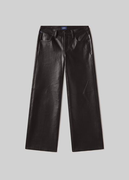 Chocolate brown leather straight-leg jeans with a five-pocket design, belt loops, and button and zipper closure, front flat lay view on a grey background