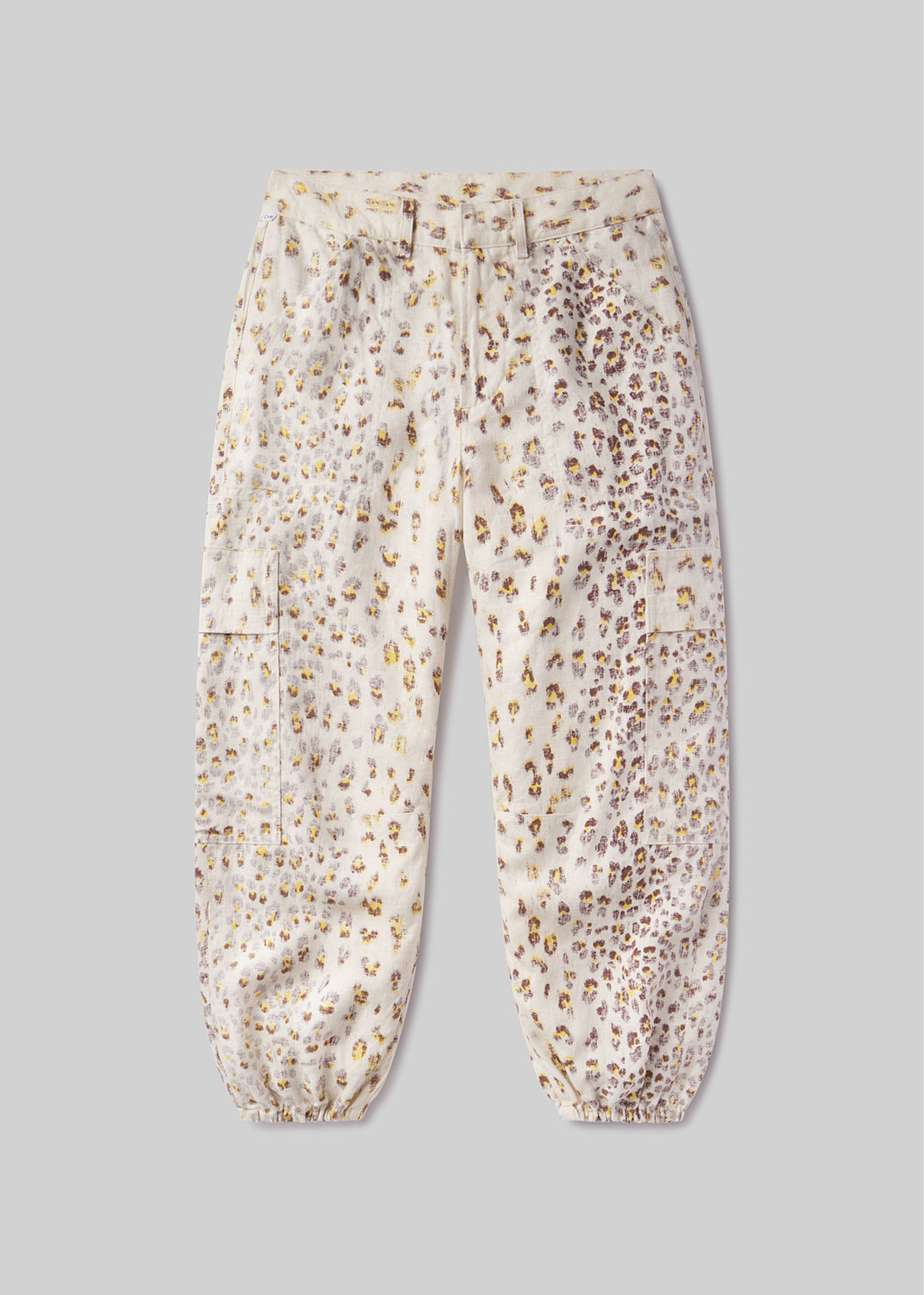 Leopard-patterned pants on a grey background