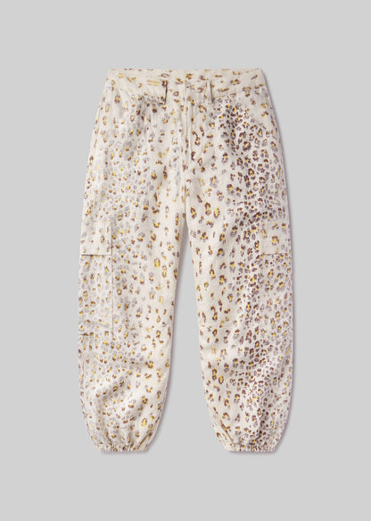 Leopard-patterned pants on a grey background