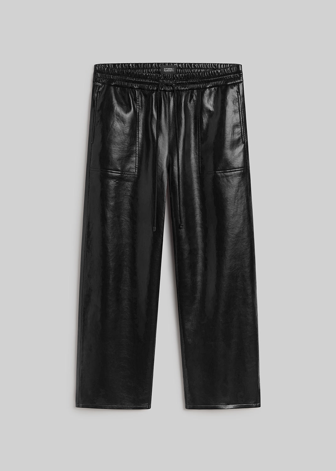 Rework Pull On in Black, featuring a smooth leather finish, relaxed straight leg silhouette, elastic drawstring waistband, and front patch pockets, front view on a grey background.