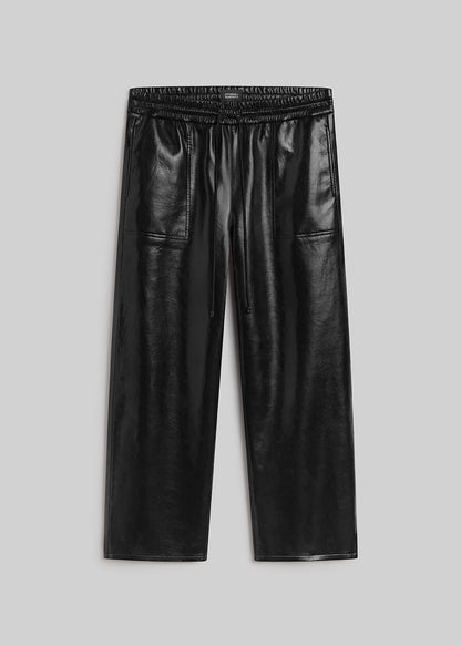 Rework Pull On in Black, featuring a smooth leather finish, relaxed straight leg silhouette, elastic drawstring waistband, and front patch pockets, front view on a grey background.