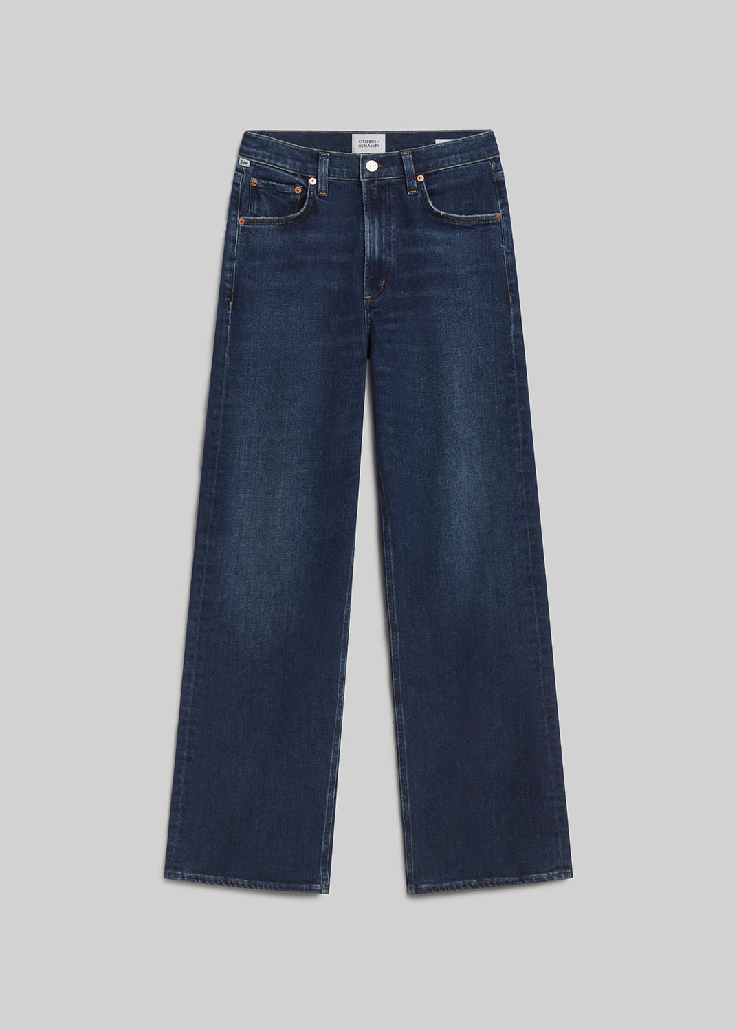 Dark indigo wide-leg jeans on grey background