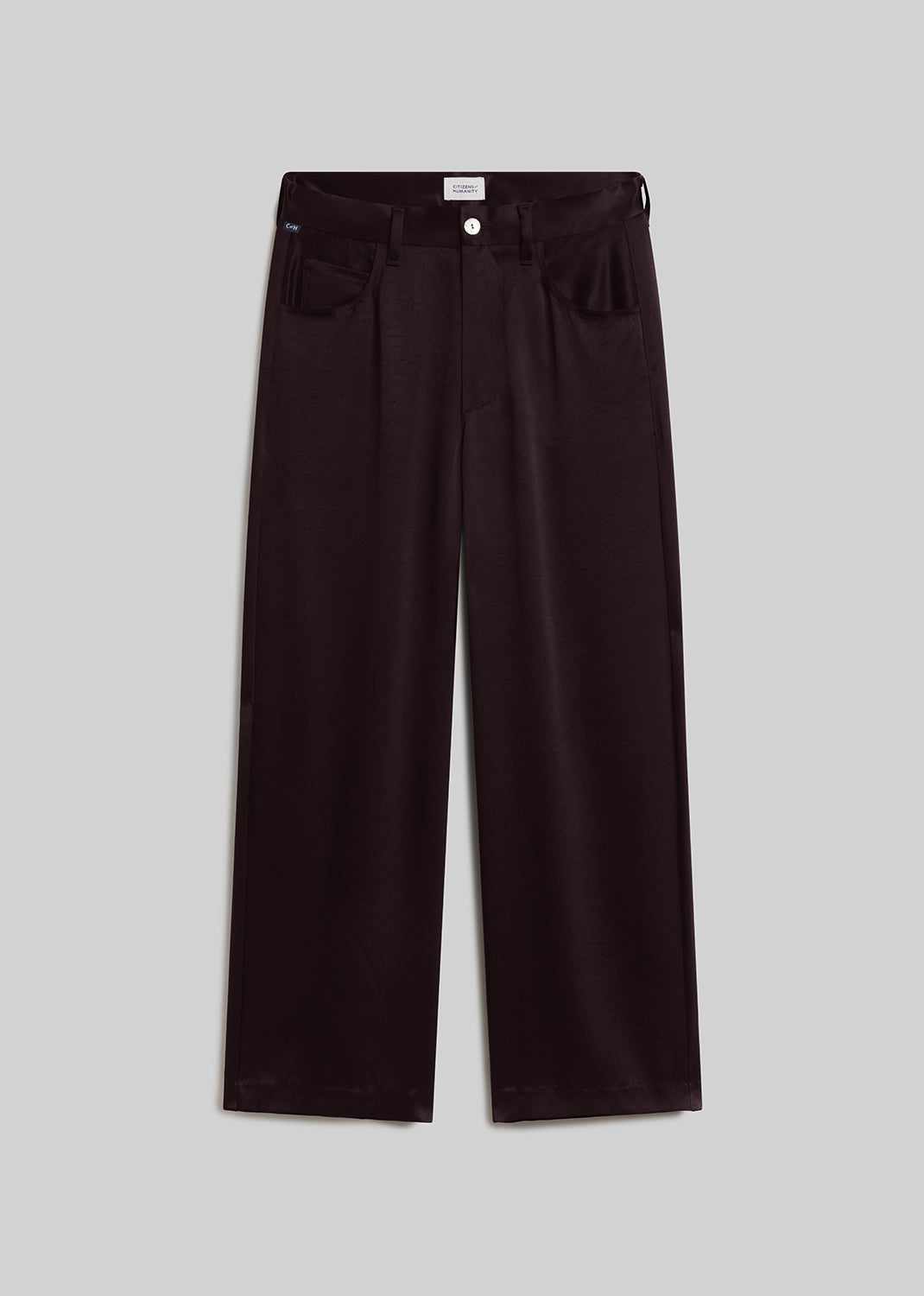 Espresso brown satin wide-leg trousers on grey background