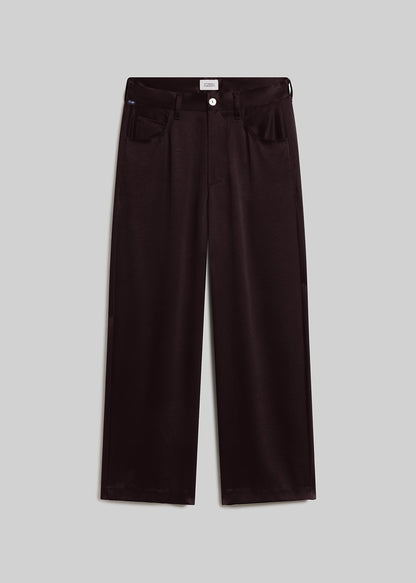 Espresso brown satin wide-leg trousers on grey background