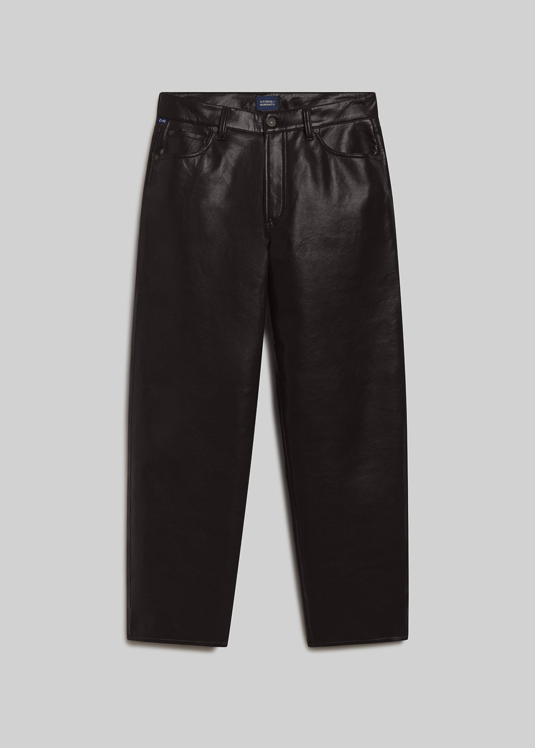 Chocolate brown leather tapered jeans with a five-pocket design, belt loops, and button and zipper closure, front flat lay view on a grey background.