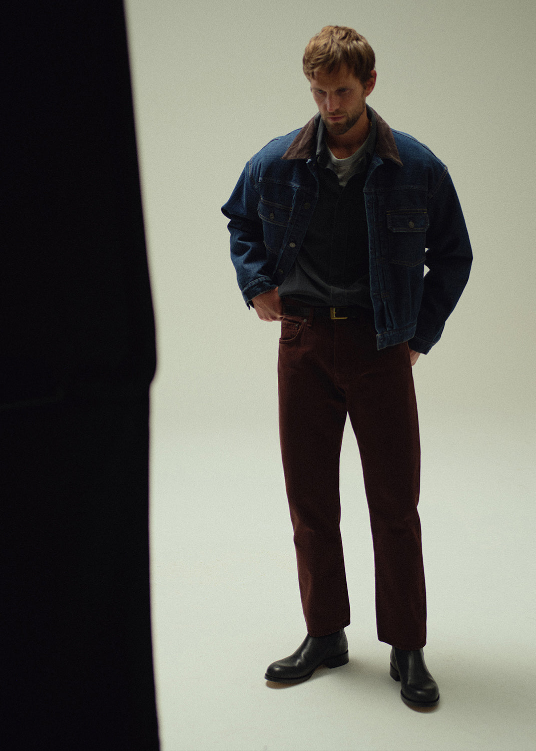 BEAU_BURGUNDY_HOPPER_DENIM_JACKET_ITALIAN_RINSE_LUCA_BUCKET_DYE_SHIRT_GRAVEL_EVERYDAY_TEE_HEATHER_GREY
