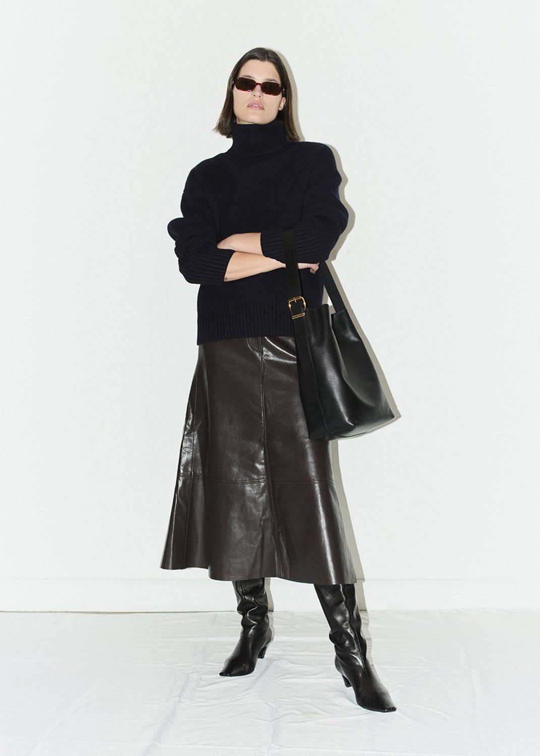 Cassia Leather Skirt in Chocolate Dark Brown styled on model