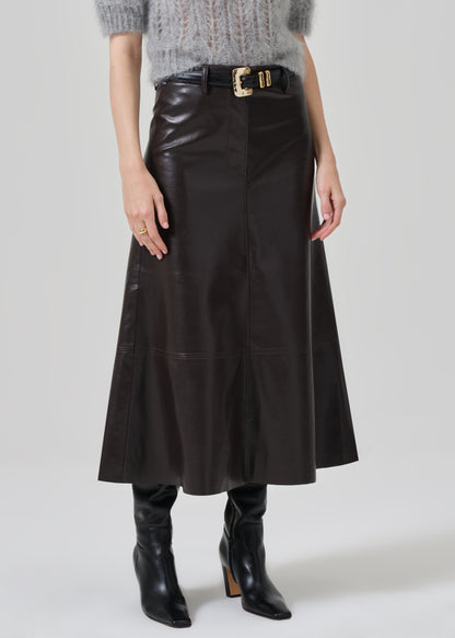 Cassia Leather Skirt in Chocolate Dark Brown close front