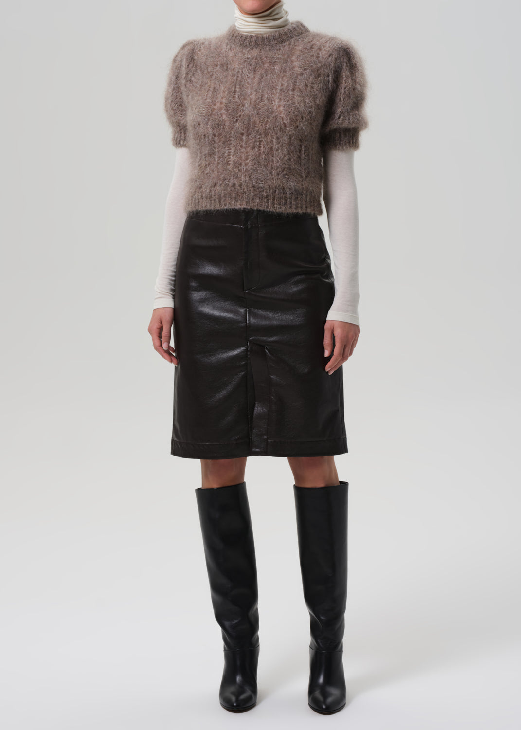 Nara Pencil Skirt Recycled Leather in Chocolate Dark Brown