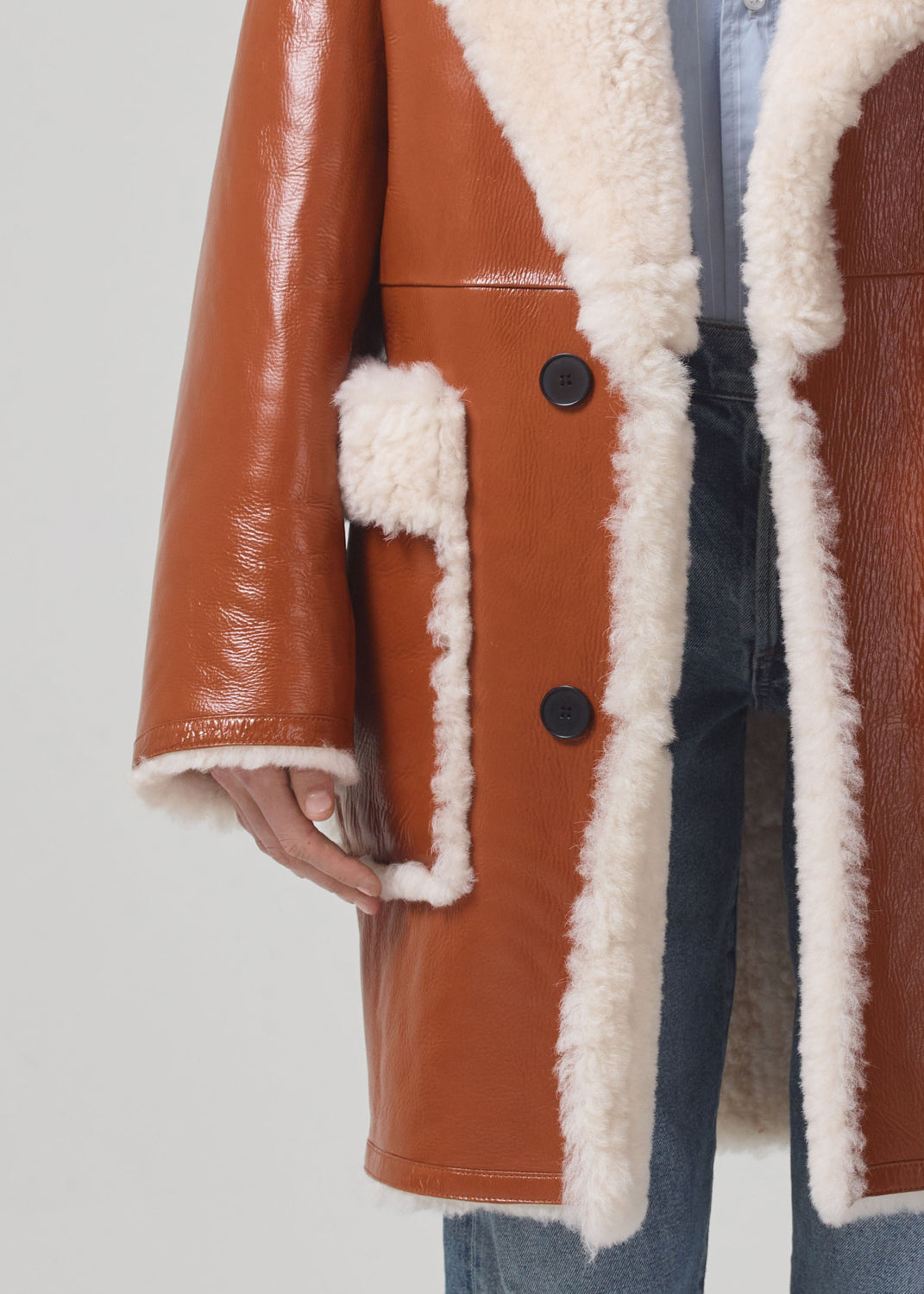 Elodie Shearling Coat in Camel Shiny Icelandic Merino front