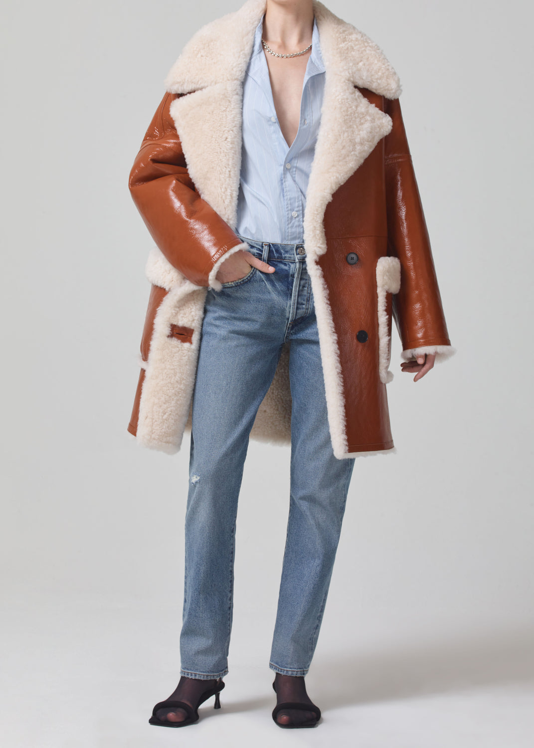 Elodie Shearling Coat in Camel Shiny Icelandic Merino front