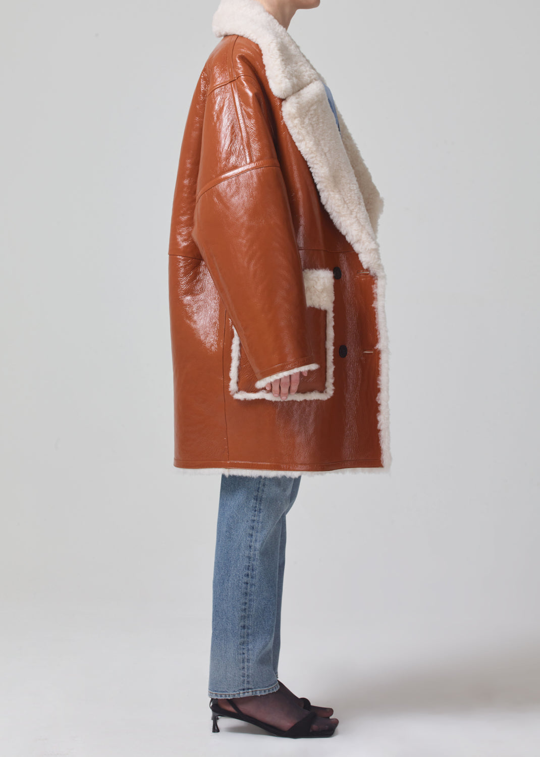 Elodie Shearling Coat in Camel Shiny Icelandic Merino side